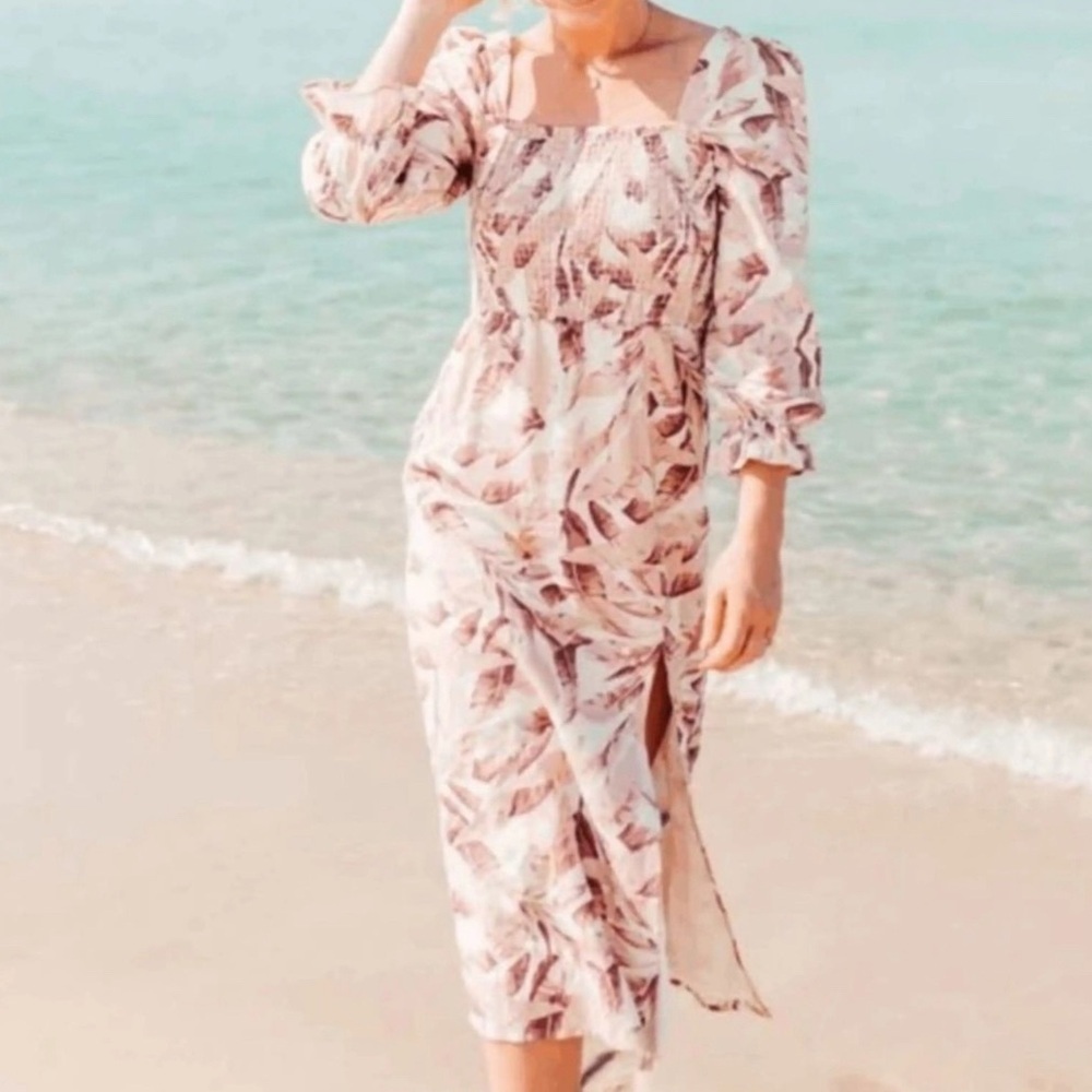 House of Harlow 1960 Linen Smocked Pink Palm Midi Dress